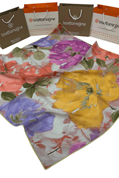 Tesettürnağme Eșarfă din bumbac moale TN2000 Motiv floral Muștar-Coral-03