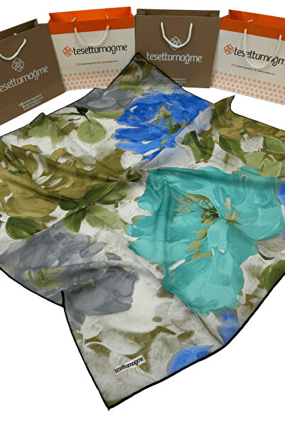 Tesettürnağme Eșarfă din bumbac moale TN2000 Motiv floral Verde apă-Kaki-02