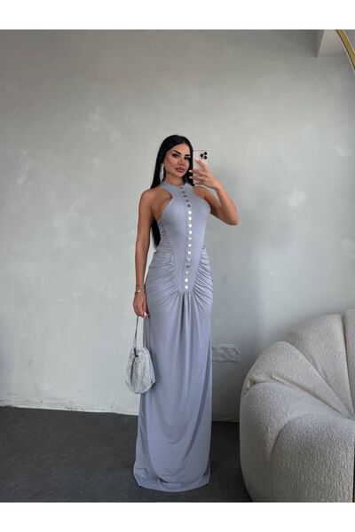 sajarsln Silver Button Detailed Maxi Length Shirred Dress