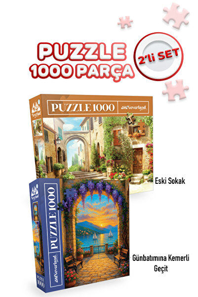 Neverland 2 ADET 1000 PARÇA PUZZLE- ESKİ SOKAK VE GÜNBATIMINA KEMERLİ GEÇİT