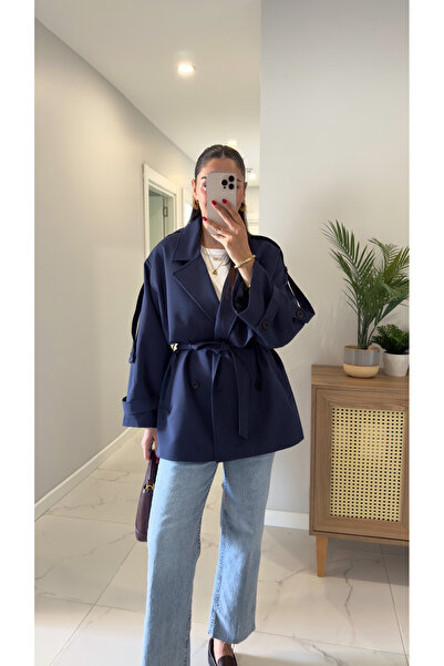 BİRCANÇİL Мімоза Синій короткий преміум-тренч з поясом