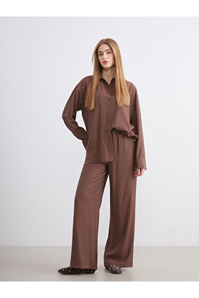 LC Waikiki Brown Elastic Waist Textured Wide Leg Women's Trousers