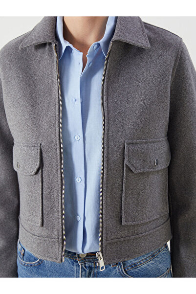 LC Waikiki Gri Gömlek Yaka Kadın Kaşe Ceket