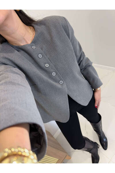 BİRCANÇİL Tobby Gray Padded Jacket with Button Detail