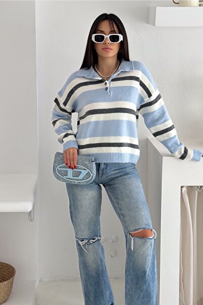 FEMELLE Tricotaj cu dungi albastre Pulover cu nasturi Guler polo cu umăr dezactivat Mărime standard