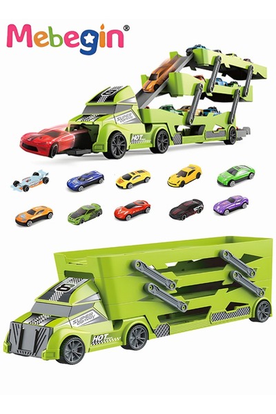 MEBEGIN عربة تخزين مع حاملات من 3 طبقات و10 سيارات منزلقة صغيرة، مجموعة لعب س...