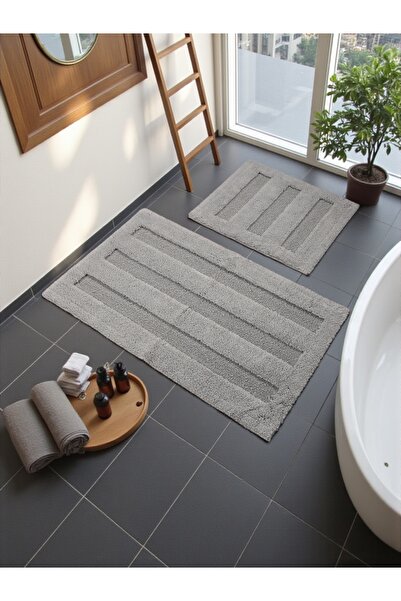 Evimle Selenee Cotton Bath Mat Set (60X100)(50X60)Grey-*