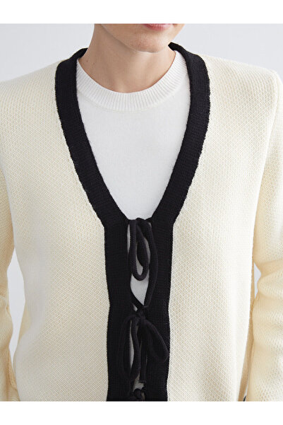 LC Waikiki Lcw Modest Ecru V-Neck Tie-Up Women's Knitwear Cardigan