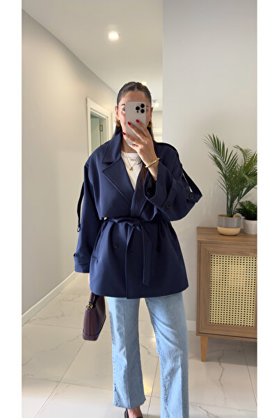 BİRCANÇİL Мімоза Синій короткий преміум-тренч з поясом