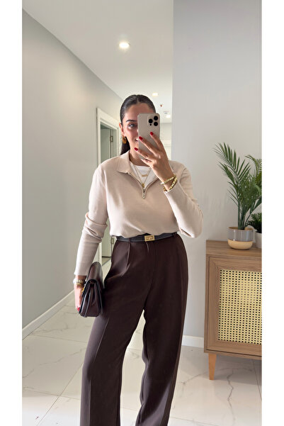 BİRCANÇİL Ninsa Beige Zipper Detailed Long Sleeve Knitwear