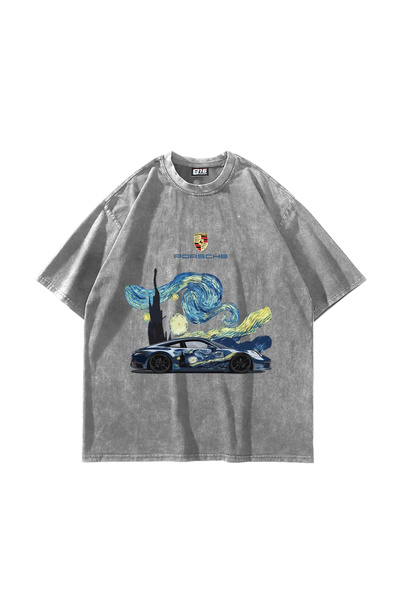 Bak Moda Tricou alb oversize unisex cu imprimeu Starry Night Porsche, lavabil
