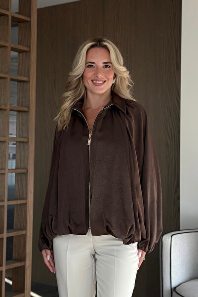 Laluvia Brown Bomber Satin Jacket - 9584