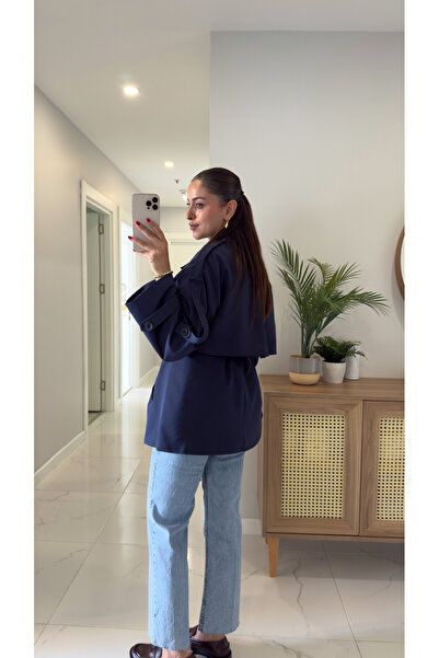 BİRCANÇİL Мімоза Синій короткий преміум-тренч з поясом