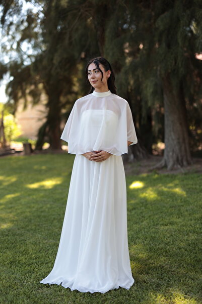 berissima bride Pelerin Detaylı Şifon Kloş NikahElbisesi, Nişan Elbisesi, İsteme Elbisesi, Dış Çekim Elbise-Celestia