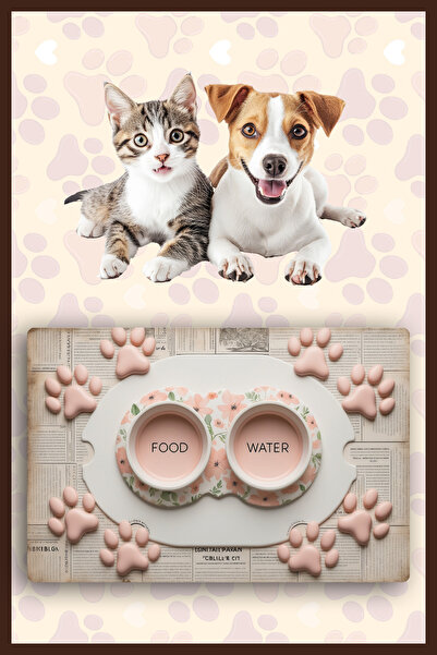 Dormot Modern Dijital Baskılı Mama ve Su Matı - Kedi Mat Köpek Mat Mama Atlığı, Kaymaz Tabanlı (45x70 cm)