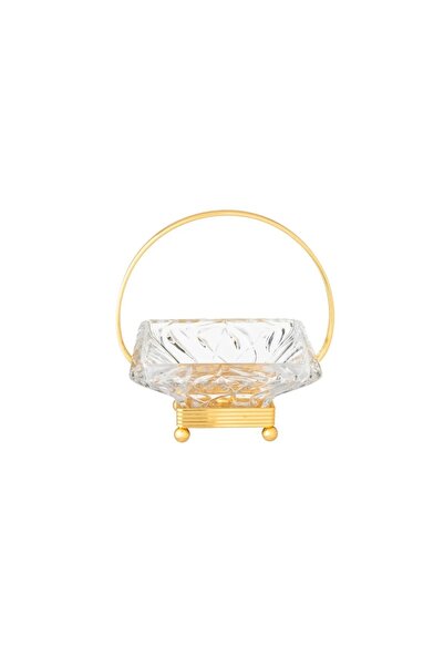 ORIAN Square glass dessert plate with a golden metal base and stand