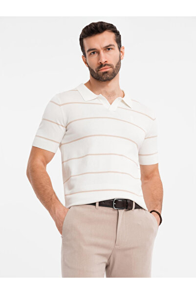 OMBRE Ανδρικό πόλο μπλουζάκι από βισκόζη με οριζόντιες ρίγες - λευκό και μπεζ V4 OM-POSS-0145 XXL
