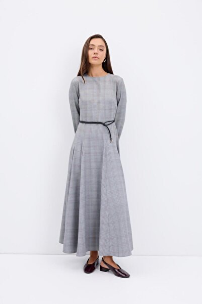 KADRİYE BAŞTÜRK Plaid Patterned Piece Long Dress Gray