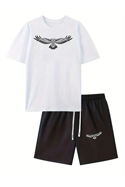Flaubert - Men's Double Wing Printed Short Sleeve Tshirt-Shorts 2-Piece Set Large Size Oversize Cotton