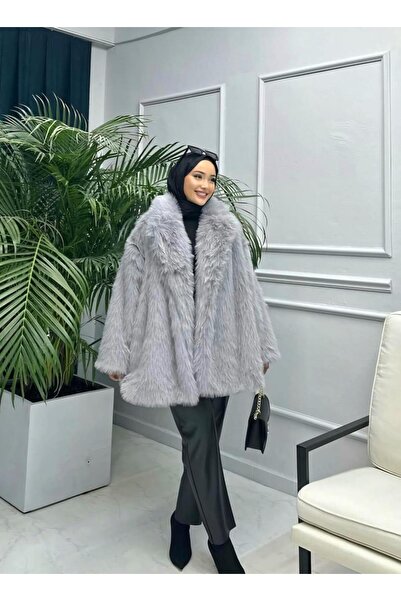 Hb Harma Time Butik Women's Gray Plush Lined Coat