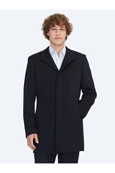 Kip Lacivert Regular Fit Dik Yaka Klasik Dokuma Palto