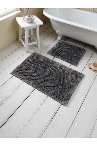 Evimle Pluvis Cotton Bath Mat Set (60X100)(50X60) Black-001