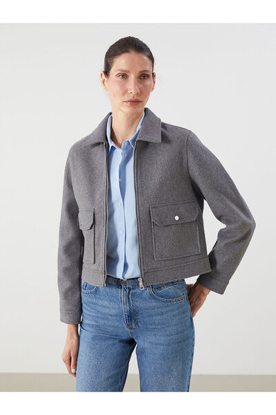 LC Waikiki Gray Shirt Collar Women's Cashmere Jacket
