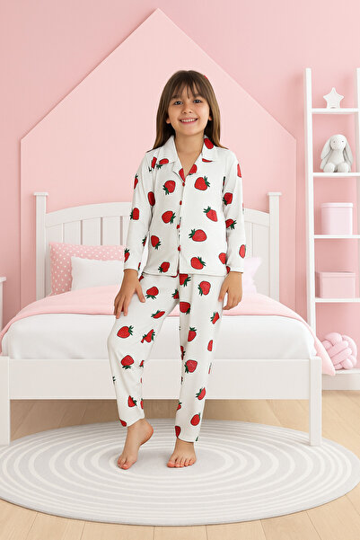 zahider Girls' Cotton Long-Sleeved Strawberry Printed Pajamas Set