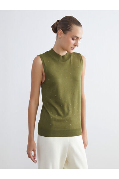 LC Waikiki Yeşil Bisiklet Yaka Taşlı Kadın Triko Atlet