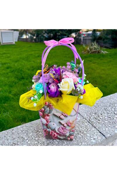 velve April basket with decorative plants, carnations and soap roses, decorat...