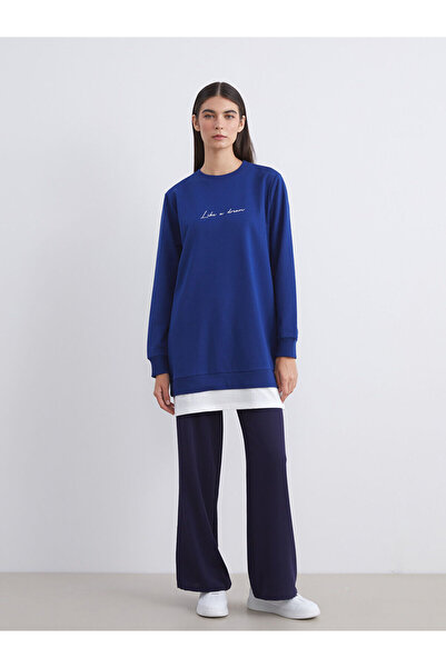 LC Waikiki Γυναικείο φούτερ LCW Modest Navy Blue Crew Neck με στάμπα