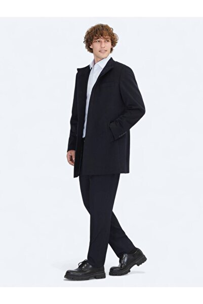 Kip Lacivert Regular Fit Dik Yaka Klasik Dokuma Palto