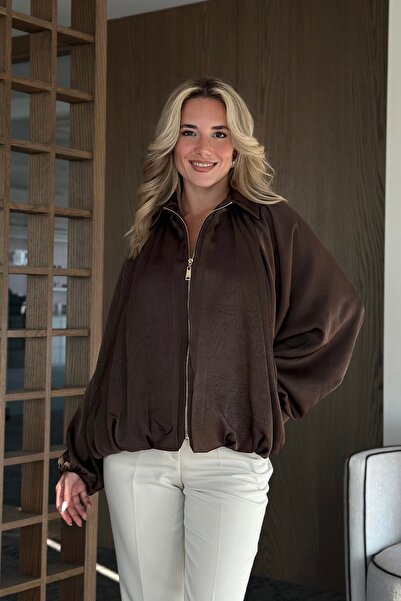 Laluvia Brown Bomber Satin Jacket - 9584