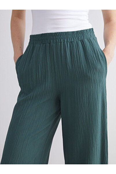 LC Waikiki Khaki Elastic Waist Textured Wide Leg Women's Trousers