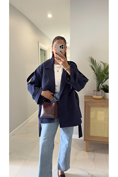 BİRCANÇİL Мімоза Синій короткий преміум-тренч з поясом