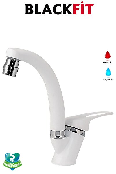 BF BLACKFİT Beyaz Mix Oynar Başlıklı Lavabo Bataryası Çift Su Grişli Çeşme Ba...