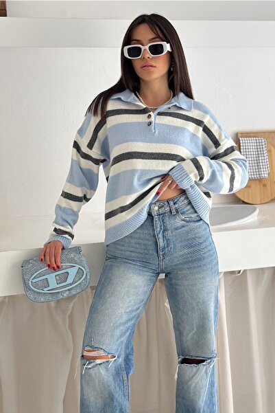 FEMELLE Tricotaj cu dungi albastre Pulover cu nasturi Guler polo cu umăr dezactivat Mărime standard