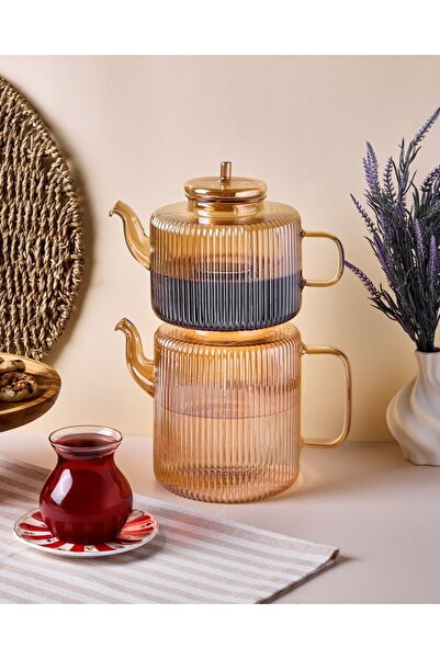 Perotti Tobby Line Amber Çizgili Borosilikat Cam Çaydanlık 1.1L + 1.75L 16803