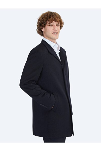 Kip Lacivert Regular Fit Dik Yaka Klasik Dokuma Palto