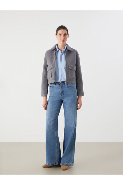 LC Waikiki Gray Shirt Collar Women's Cashmere Jacket
