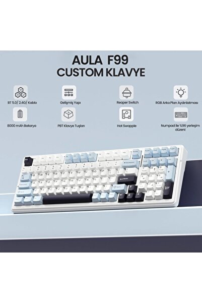 Aula F99 3 Modlu RGB Hot Swap Mekanik Reaper Switch Kablosuz Makrolu Klavye Lacivert