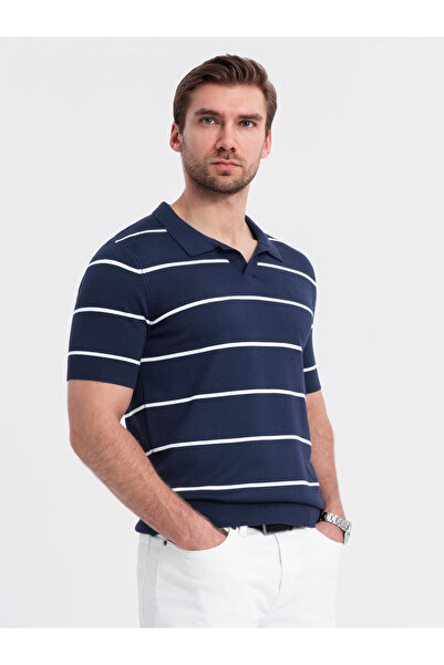 OMBRE Pánské polo tričko s horizontálními pruhy a viskózou - tmavě modré a bílé V1 OM-POSS-0145 XL