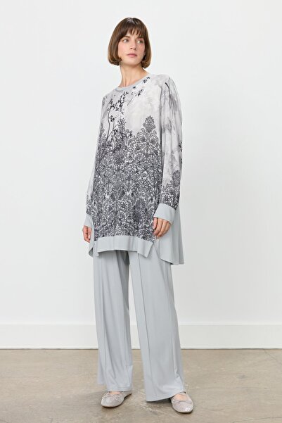 Nihan Rahat Kalıp Viskon Pantolon Tunik Takım Gri