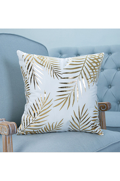 HALAMODO White and Gold Leaf Print Soft Decorative Pillow Cover 45 x 45cm