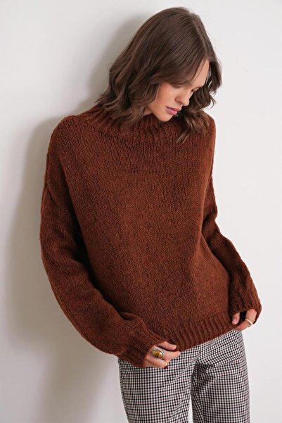 Mixray 6700 Γυναικείο πλεκτό πουλόβερ με ψηλό γιακά με μπαλόνι κανέλα