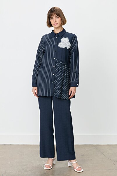 Nihan Çizgili Keten Pantolon Tunik Takım Lacivert