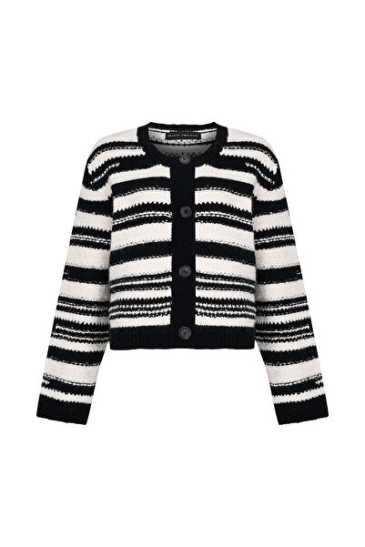 Beauty Omelette Siyah Çizgili Yün Buklet Düğmeli Hırka