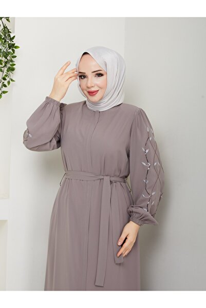 MUDUTEKSTİL Gizli Fermuarlı Kolu Nakışlı Ferace bej