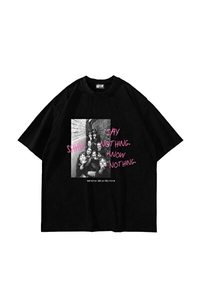 Bak Moda Tricou negru unisex oversize cu imprimeu vintage "Shh Know Nothing"