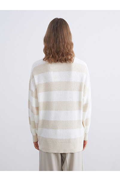 LC Waikiki XSIDE Bej guler rotund Pulover cu dungi supradimensionat pentru femei